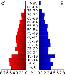 Schéma représentant la population du comté, par tranche d'âge. En rouge, à gauche, les femmes, en bleu à droite, les hommes.