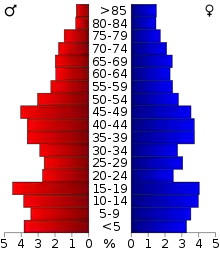 Schéma représentant la population du comté, par tranche d'âge. En rouge, à gauche, les femmes, en bleu à droite, les hommes.