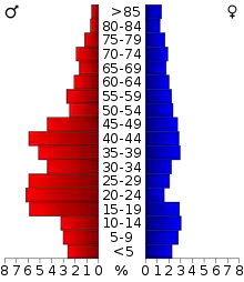 Schéma représentant la population du comté, par tranche d'âge. En rouge, à gauche, les femmes, en bleu à droite, les hommes.