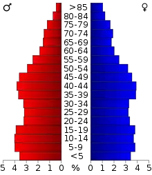 Schéma représentant la population du comté, par tranche d'âge. En rouge, à gauche, les femmes, en bleu à droite, les hommes.