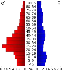 Schéma représentant la population du comté, par tranche d'âge. En rouge, à gauche, les femmes, en bleu à droite, les hommes.