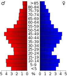 Schéma représentant la population du comté, par tranche d'âge. En rouge, à gauche, les femmes, en bleu à droite, les hommes.