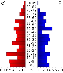 Schéma représentant la population du comté, par tranche d'âge. En rouge, à gauche, les femmes, en bleu à droite, les hommes.