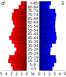 Schéma représentant la population du comté, par tranche d'âge. En rouge, à gauche, les femmes, en bleu à droite, les hommes.