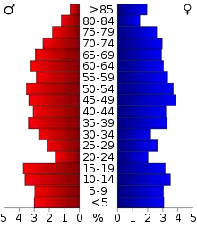 Schéma représentant la population du comté, par tranche d'âge. En rouge, à gauche, les femmes, en bleu à droite, les hommes.