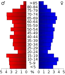 Schéma représentant la population du comté, par tranche d'âge. En rouge, à gauche, les femmes, en bleu à droite, les hommes.