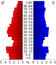 Schéma représentant la population du comté, par tranche d'âge. En rouge, à gauche, les femmes, en bleu à droite, les hommes.