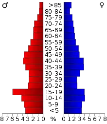 Schéma représentant la population du comté, par tranche d'âge. En rouge, à gauche, les femmes, en bleu à droite, les hommes.