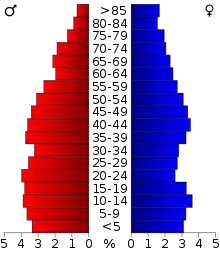 Schéma représentant la population du comté, par tranche d'âge. En rouge, à gauche, les femmes, en bleu à droite, les hommes.