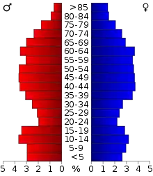 Schéma représentant la population du comté, par tranche d'âge. En rouge, à gauche, les femmes, en bleu à droite, les hommes.