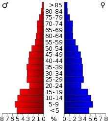 Schéma représentant la population du comté, par tranche d'âge. En rouge, à gauche, les femmes, en bleu à droite, les hommes.