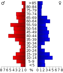 Schéma représentant la population du comté, par tranche d'âge. En rouge, à gauche, les femmes, en bleu à droite, les hommes.