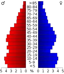 Schéma représentant la population du comté, par tranche d'âge. En rouge, à gauche, les femmes, en bleu à droite, les hommes.