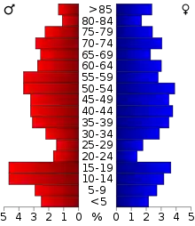 Schéma représentant la population du comté, par tranche d'âge. En rouge, à gauche, les femmes, en bleu à droite, les hommes.