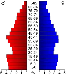 Schéma représentant la population du comté, par tranche d'âge. En rouge, à gauche, les femmes, en bleu à droite, les hommes.