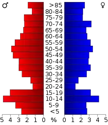 Schéma représentant la population du comté, par tranche d'âge. En rouge, à gauche, les femmes, en bleu à droite, les hommes.