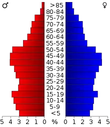 Schéma représentant la population du comté, par tranche d'âge. En rouge, à gauche, les femmes, en bleu à droite, les hommes.