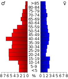 Schéma représentant la population du comté, par tranche d'âge. En rouge, à gauche, les femmes, en bleu à droite, les hommes.