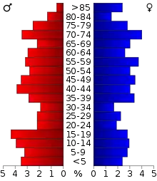 Schéma représentant la population du comté, par tranche d'âge. En rouge, à gauche, les femmes, en bleu à droite, les hommes.