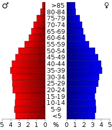 Schéma représentant la population de l’État, par tranche d'âge. En rouge, à gauche, les femmes, en bleu à droite, les hommes.