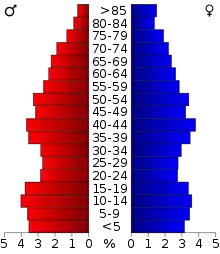 Schéma représentant la population du comté, par tranche d'âge. En rouge, à gauche, les femmes, en bleu à droite, les hommes.