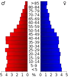 Schéma représentant la population du comté, par tranche d'âge. En rouge, à gauche, les femmes, en bleu à droite, les hommes.