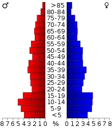 Schéma représentant la population du comté, par tranche d'âge. En rouge, à gauche, les femmes, en bleu à droite, les hommes.