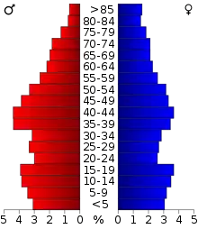 Schéma représentant la population du comté, par tranche d'âge. En rouge, à gauche, les femmes, en bleu à droite, les hommes.