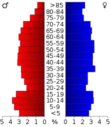 Schéma représentant la population du comté, par tranche d'âge. En rouge, à gauche, les femmes, en bleu à droite, les hommes.