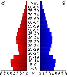 Schéma représentant la population du comté, par tranche d'âge. En rouge, à gauche, les femmes, en bleu à droite, les hommes.