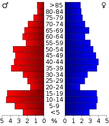 Schéma représentant la population du comté, par tranche d'âge. En rouge, à gauche, les femmes, en bleu à droite, les hommes.