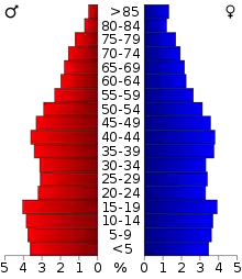 Schéma représentant la population du comté, par tranche d'âge. En rouge, à gauche, les femmes, en bleu à droite, les hommes.