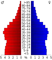 Schéma représentant la population du comté, par tranche d'âge. En rouge, à gauche, les femmes, en bleu à droite, les hommes.