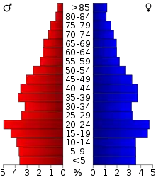 Schéma représentant la population du comté, par tranche d'âge. En rouge, à gauche, les femmes, en bleu à droite, les hommes.