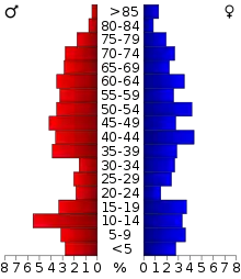 Schéma représentant la population du comté, par tranche d'âge. En rouge, à gauche, les femmes, en bleu à droite, les hommes.