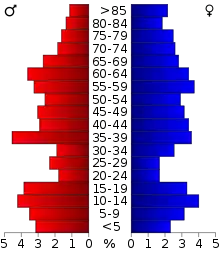 Schéma représentant la population du comté, par tranche d'âge. En rouge, à gauche, les femmes, en bleu à droite, les hommes.