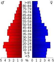 Schéma représentant la population du comté, par tranche d'âge. En rouge, à gauche, les femmes, en bleu à droite, les hommes.