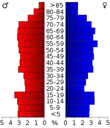 Schéma représentant la population du comté, par tranche d'âge. En rouge, à gauche, les femmes, en bleu à droite, les hommes.