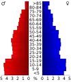 Schéma représentant la population du comté, par tranche d'âge. En rouge, à gauche, les femmes, en bleu à droite, les hommes.