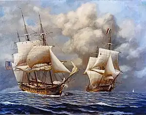 Tableau de John William Schmidt montrant le combat naval entre L'Insurgente et le Constellation.