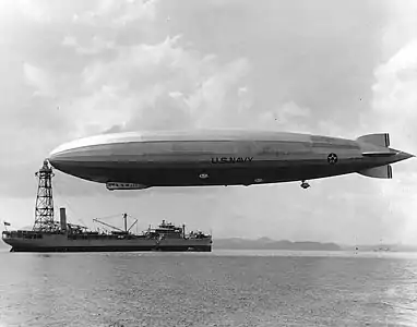L'USS Los Angeles arrimé au ravitailleur USS Patoka (en), en 1931 au large de Panama.