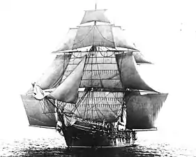 Le USS Monongahela, toutes voiles dehors, en 1862. Les bonnettes sont bien visibles de part et d'autre des voiles d'artimon.