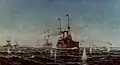 L'USS Olympia lors de la bataille de la baie de Manille, peinture de Fred S. Cozzens, sans date