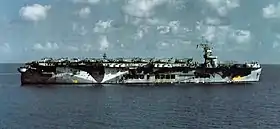 Photo colorisée représentant un porte-avions en peinture de camouflage et dont le pont est chargé d'avions.