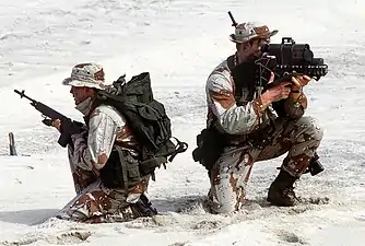Un SEAL équipé d'un désignateur laser AN/PAQ-1 et un autre armé d'un fusil M14 (1988).
