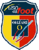 Logo en forme d'écu avec la moitié gauche jaune, l'autre côté rouge et le sommet bleu foncé.
