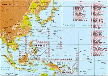 Carte du Pacifique Est, de l'Asie de l'Est et du Sud-Est montrant le théâtre des opérations du Pacifique.