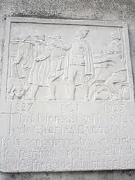 Maison Le Vieux Cornet. Inscription : « 1827-1927 Ici Thyl Ulenspiegel, le héros de Charles Decoster, fit la rencontre des aveugles, des femmes d'Uccle et des frères de la bonne trogne. »