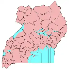 Localisation des îles Sese (en rouge, dans le sud de l'Ouganda)