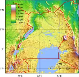 Carte physique de l'Ouganda. La frontière avec la Tanzanie est au sud.